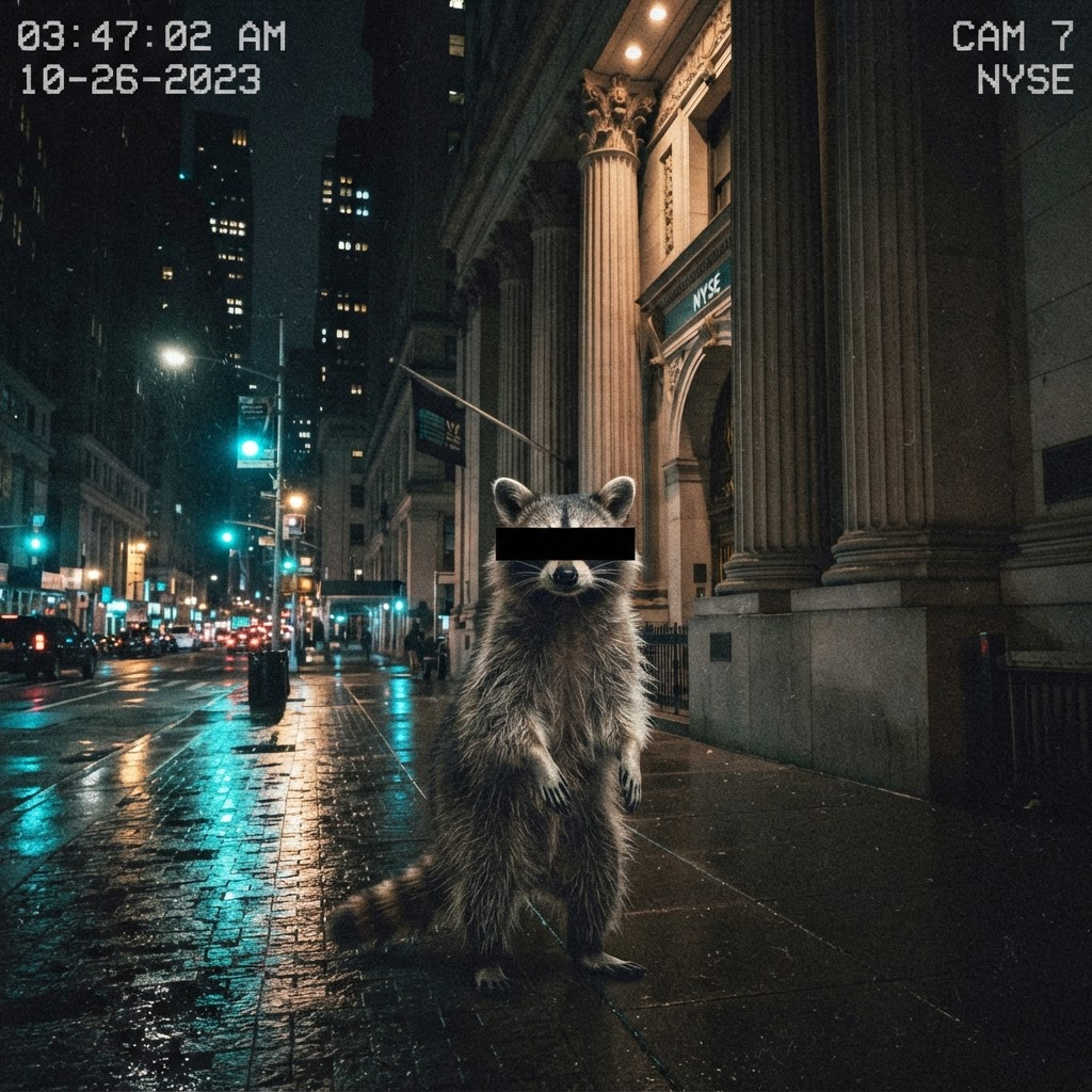 Censored raccoon standing near the New York Stock Exchange at night with neon cyan reflections