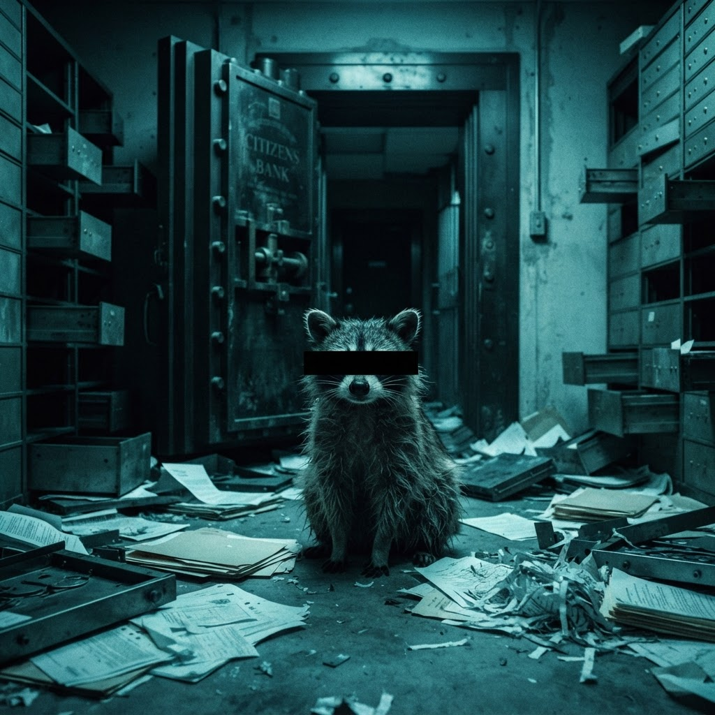 Censored raccoon sitting inside an open bank vault surrounded by empty deposit boxes