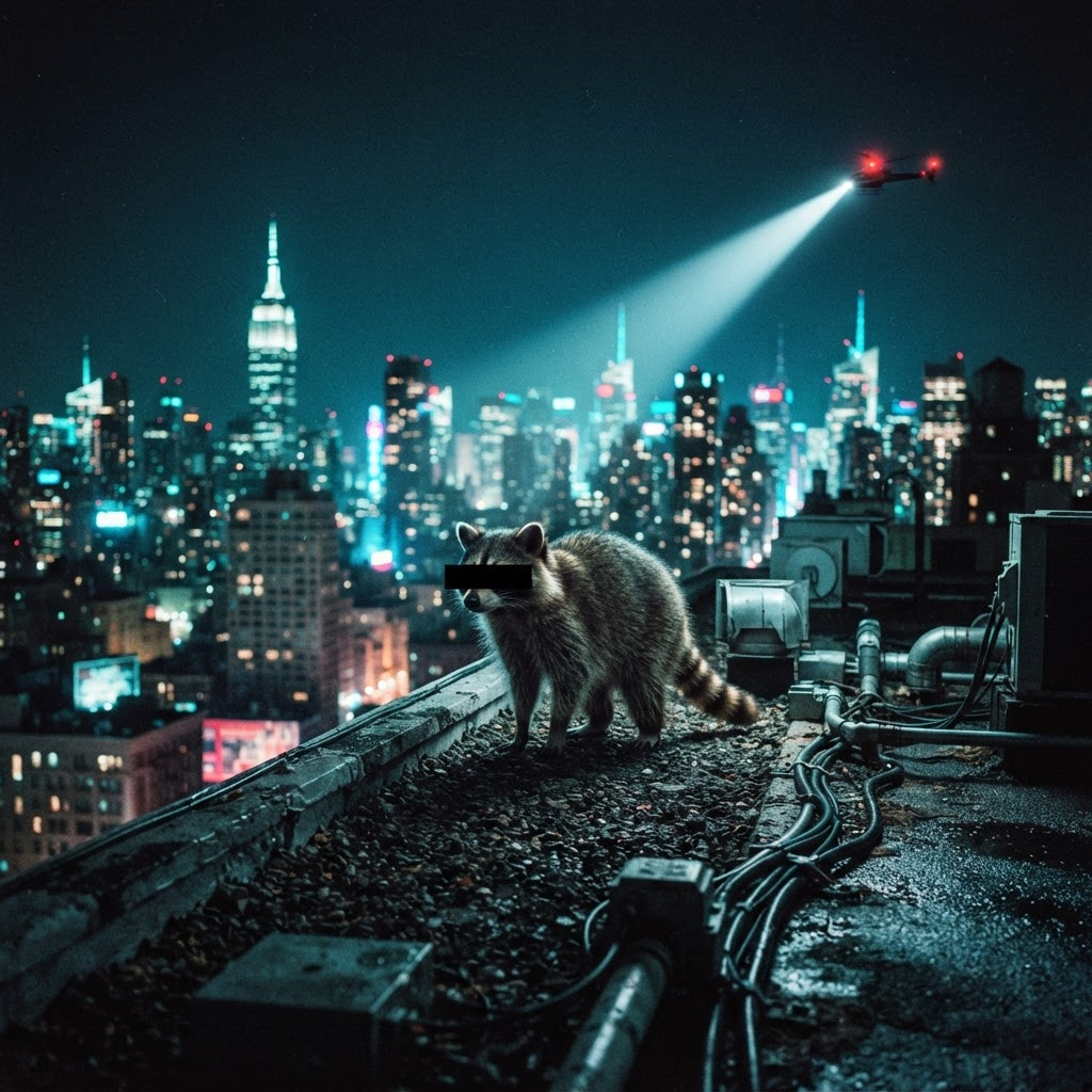 Censored raccoon standing on a city rooftop at night with a helicopter spotlight searching