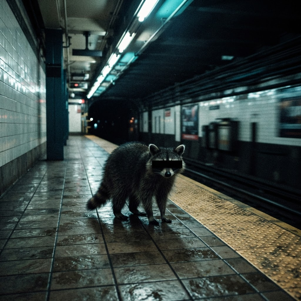 Censored raccoon inside an empty underground subway station with surveillance camera aesthetic