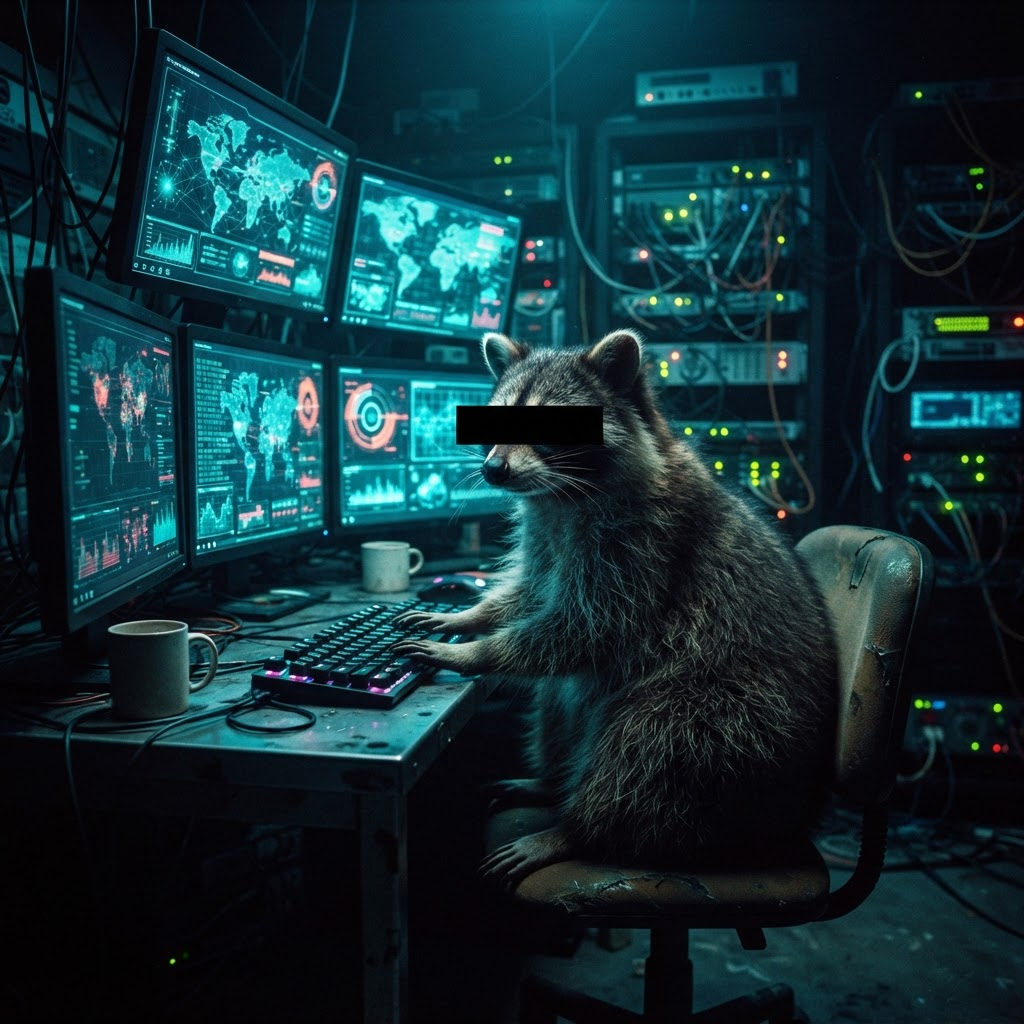 Censored raccoon sitting in front of multiple glowing monitors in a dark command room